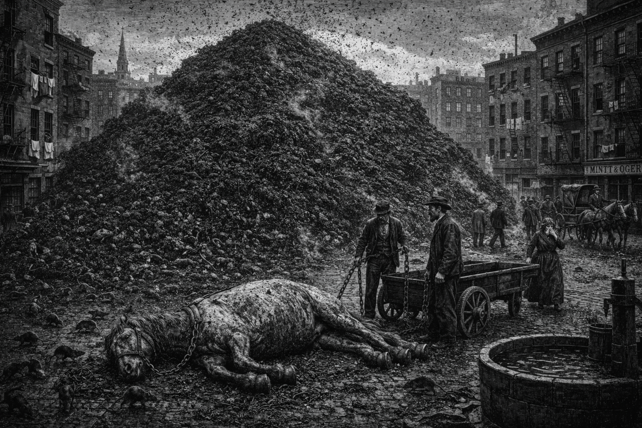A sixty-foot mountain of manure dwarfing the tenements
